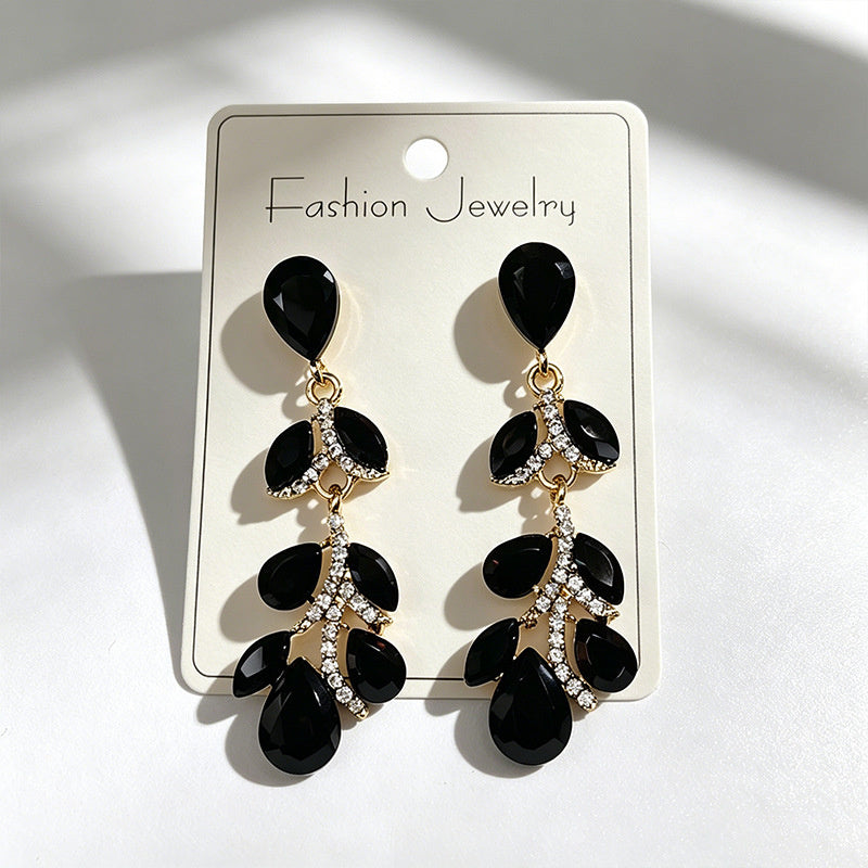 Colorful diamond leaf long earrings, niche light luxury design, stylish and versatile ear accessories