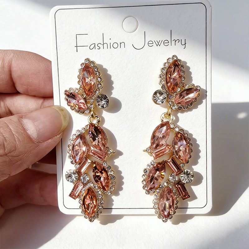 Leaf and Branch Rhinestone Long Luxurious Exquisite Stud Earrings, High-End Slim Party Earrings
