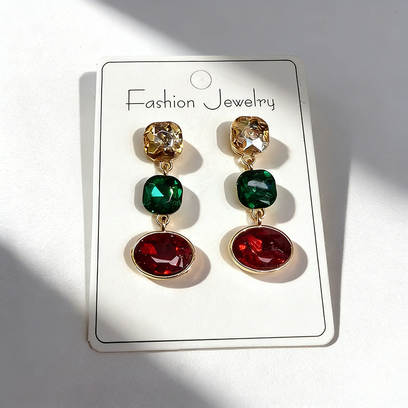 Luxury three-color gemstone with oval teardrop shape, available in multiple colors, durable and non-fading, fashionable earrings