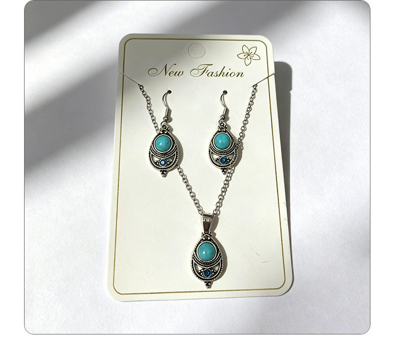 Distressed turquoise earring and necklace set, distressed alloy jewelry, bohemian style accessories