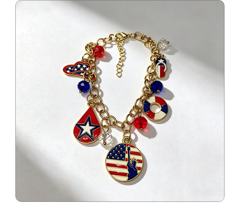 American Independence Day themed flag necklace for women, creative oil-drip star and heart pendant bracelet