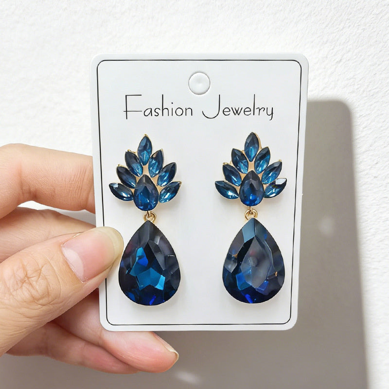 Water drop-shaped earrings, light luxury with diamond-encrusted floral leaf pendants, available in multiple colors, versatile and suitable for everyday wear as an accessory