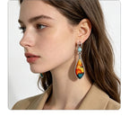 Oil painting-style water drop earrings with contrasting colors and small diamond ear hooks, niche artistic style for everyday wear