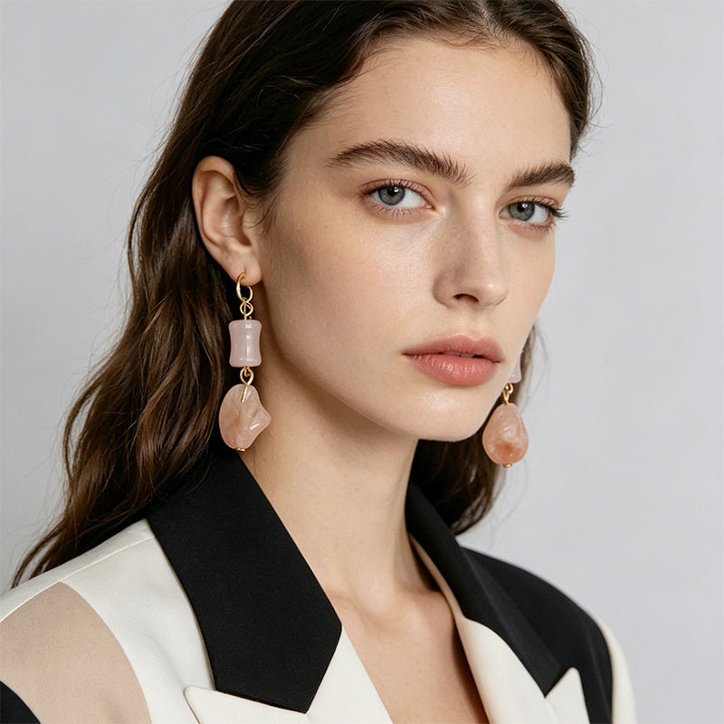 New Chinese-style red pendant pink bamboo earrings, versatile and elegant, traditional Chinese style earrings