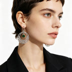 Irish-style woven pattern hollow earrings with distressed silver hoops and green jade beads, versatile for casual vacations