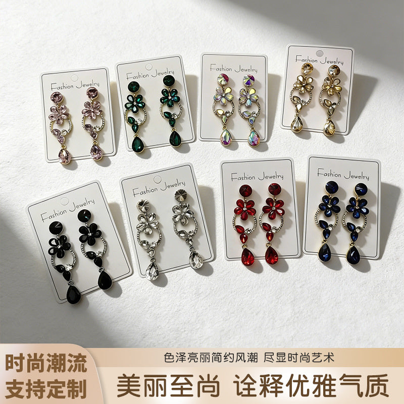 Luxurious floral with full diamond accents, long waterdrop gemstone earrings, court-style versatile earrings that enhance complexion