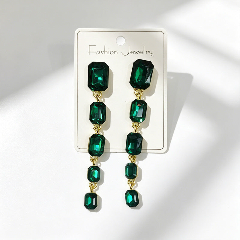 Palace-style rectangular colored diamond long drop gemstone pendant earrings, suitable for evening gowns, light luxury earrings