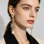 Crystal pearl with three-dimensional snowflake design and diamond inlay, Slimming long earrings