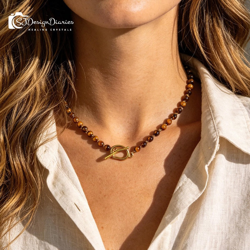 Boho Tiger's Eye Beaded Toggle Necklace| Gold Accents, Courage Protection Healing Crystal Statement Jewelry Gift for Her