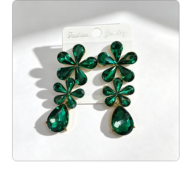 Floral waterdrop rhinestone long elegant multi-color crystal drop earrings, accessories for dress and banquet