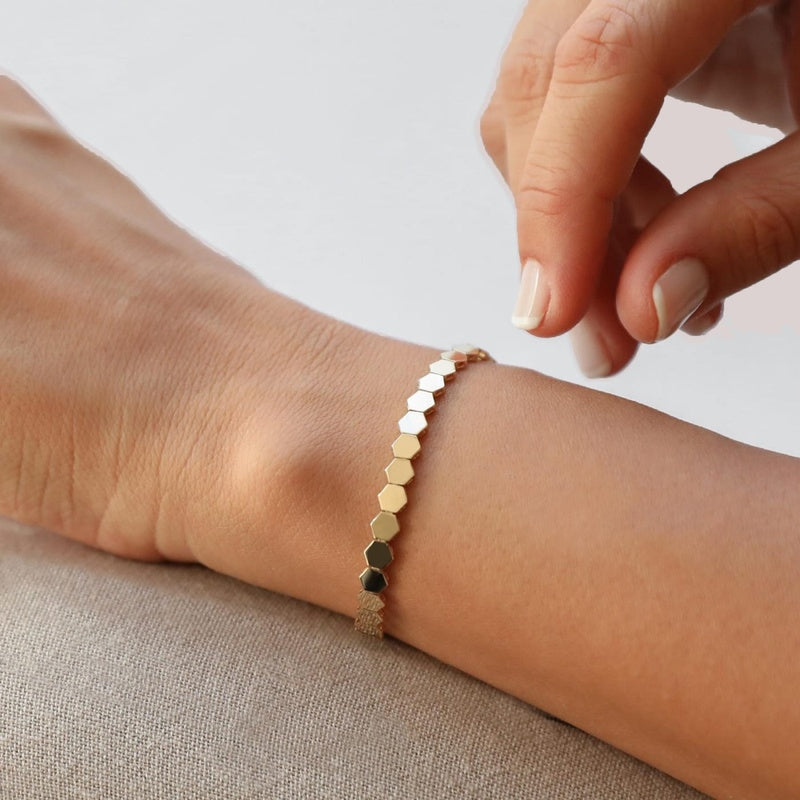 14K Solid Gold Honeycomb Bracelet: Geometric Hexagon Link Chain, Beehive Jewelry