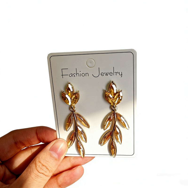 Earrings with crystal leaves, flowers, and geometric studs, bridal full-diamond tassel earrings, high-end earrings