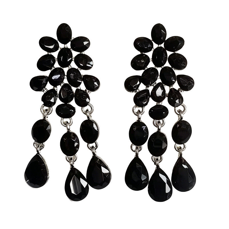Luxurious water-drop colored diamond long earrings, evening dress accessory, multi-color crystal tassels, slimming and elegant earrings