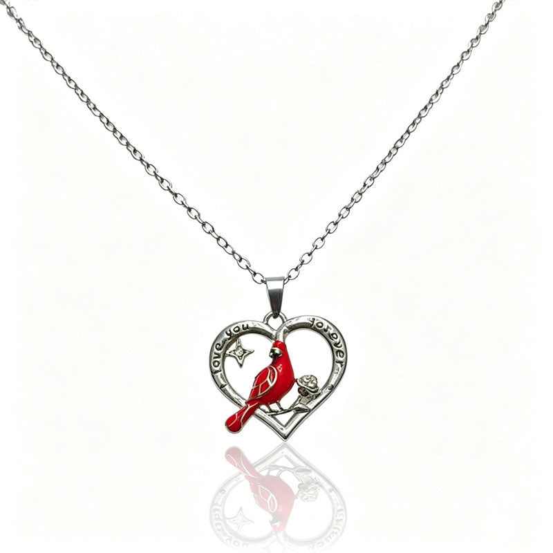 Crescent Red Bird Pendant Necklace for Women, Fashionable Heart-Shaped Diamond-Studded Clavicle Chain, Unique and Elegant Accessory