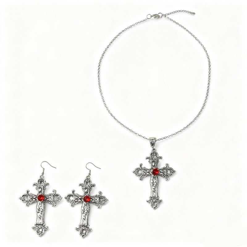 Patterned Cross and Earring Set Dark Punk Style Blood Red Gothic Necklace