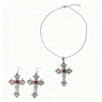 Patterned Cross and Earring Set Dark Punk Style Blood Red Gothic Necklace