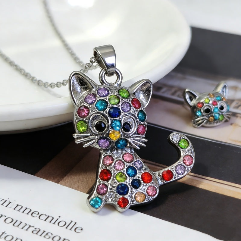 New colorful diamond-studded cat necklace and earring set for children, cute accessories