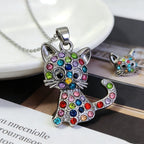 New colorful diamond-studded cat necklace and earring set for children, cute accessories