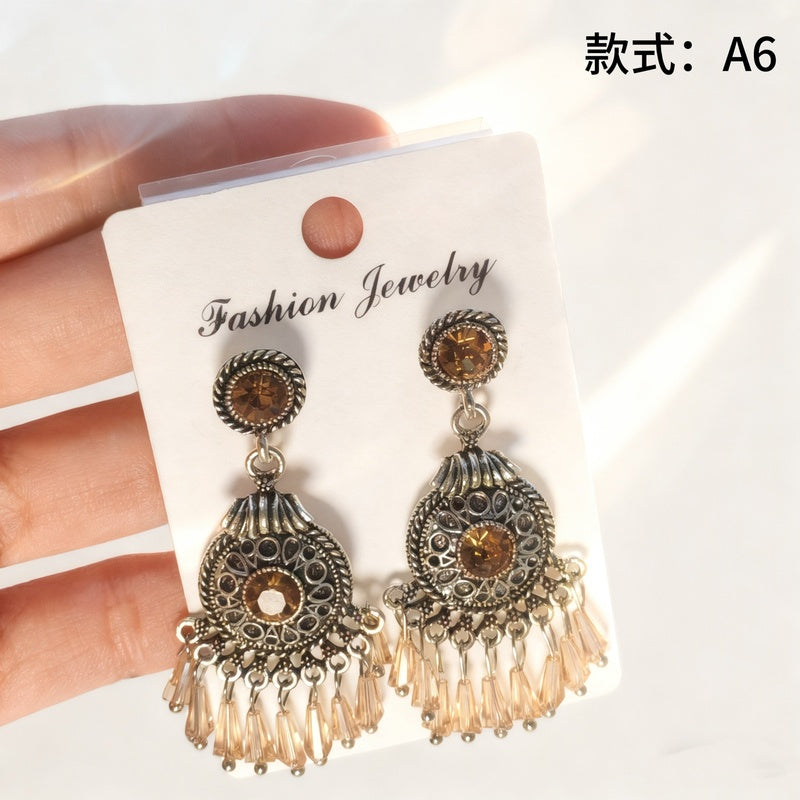 Bohemian style earrings with glass tassels, exaggerated and stylish