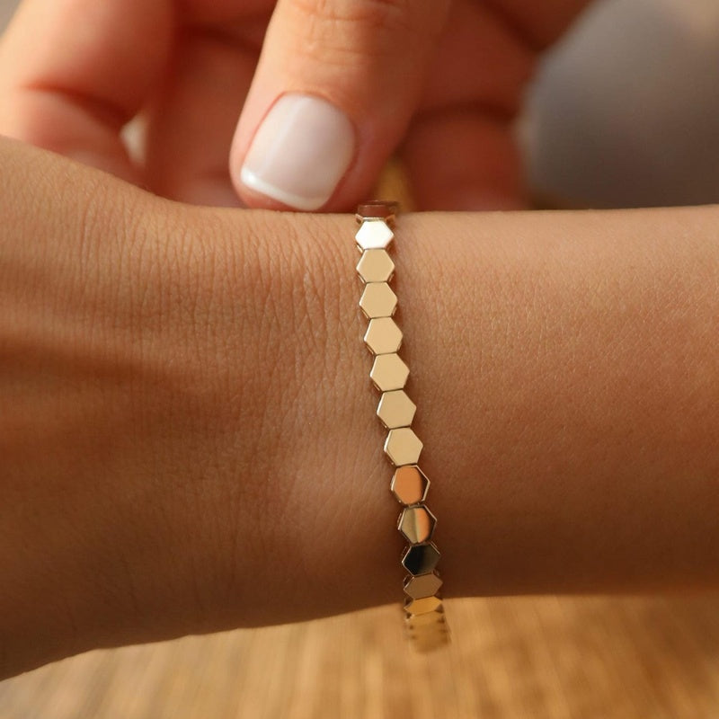 14K Solid Gold Honeycomb Bracelet: Geometric Hexagon Link Chain, Beehive Jewelry