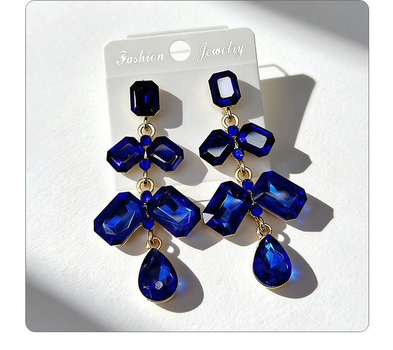 Long waterdrop crystal with fashionable tassels, available in multiple colors, high-transparency cut design, elegant earrings