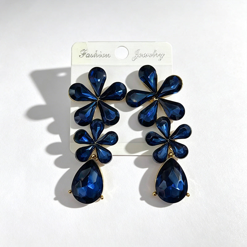 Floral waterdrop rhinestone long elegant multi-color crystal drop earrings, accessories for dress and banquet
