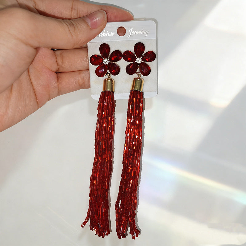 Glass Flower Tassel Earrings, Exaggerated Long Style, Fashionable and Elegant Ear Accessories