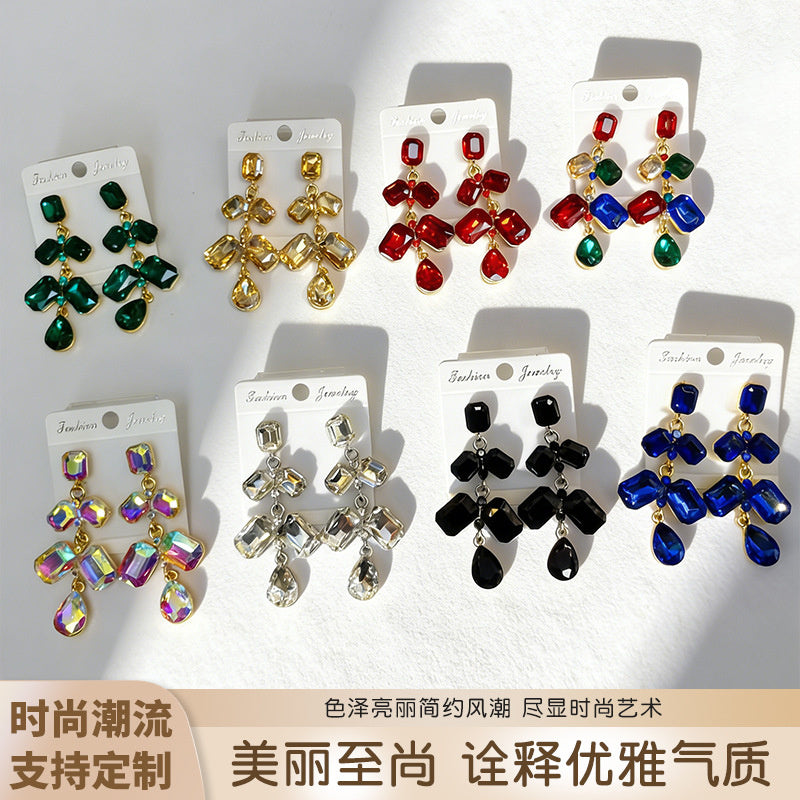 Long waterdrop crystal with fashionable tassels, available in multiple colors, high-transparency cut design, elegant earrings