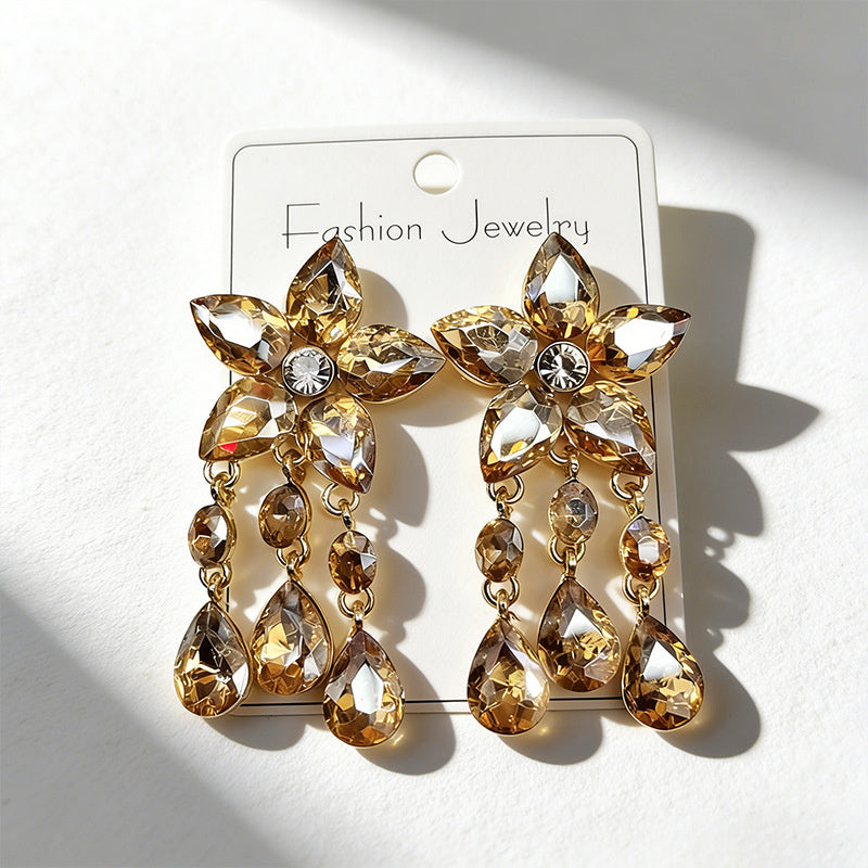 Colorful Gemstone Flower Long Tassel Rhinestone Drop Earrings Fashionable Trendy Women's Ear Accessories