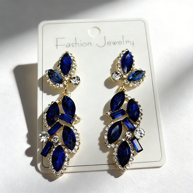 Leaf and Branch Rhinestone Long Luxurious Exquisite Stud Earrings, High-End Slim Party Earrings