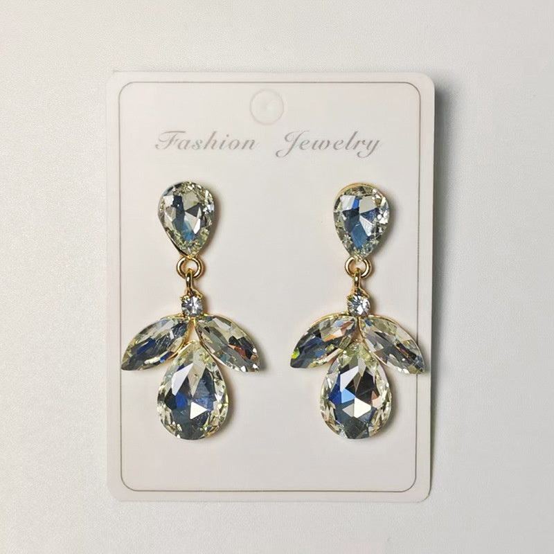 Diamond-studded multi-layered leaf drop earrings, high-end earrings
