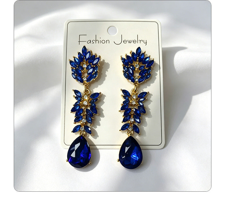 Colorful Crystal Leaf Long Earrings, Luxurious Palace-Style Exquisite Atmosphere Fashion Earrings