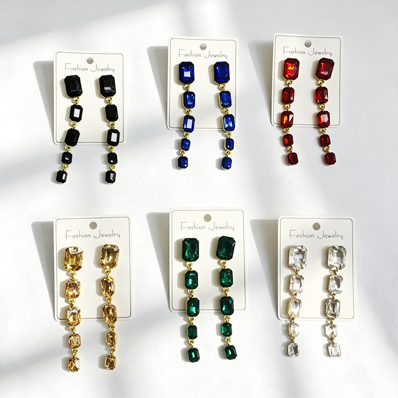 Palace-style rectangular colored diamond long drop gemstone pendant earrings, suitable for evening gowns, light luxury earrings