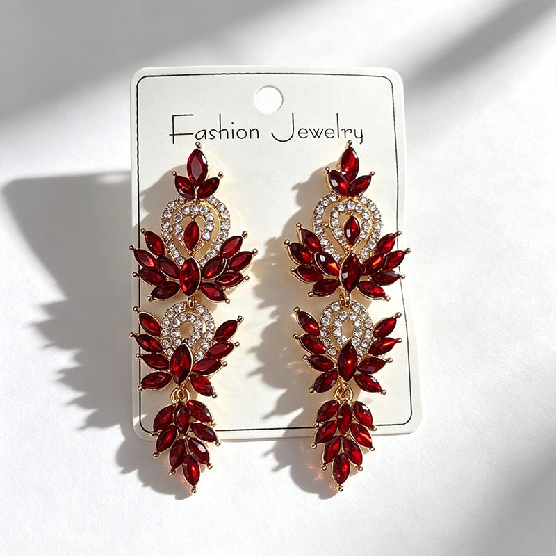 Colorful diamond wheat ear long earrings, niche light luxury design, stylish and versatile earrings