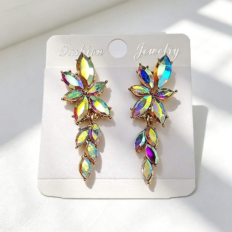 Gilt and diamond-encrusted floral earrings, long earrings for a French elegant style photo shoot or date