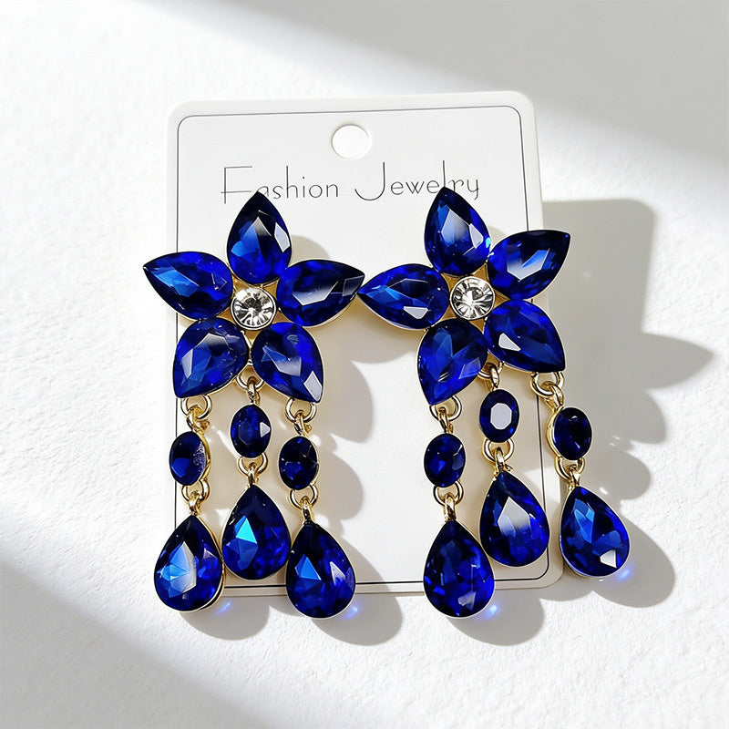 Colorful Gemstone Flower Long Tassel Rhinestone Drop Earrings Fashionable Trendy Women's Ear Accessories