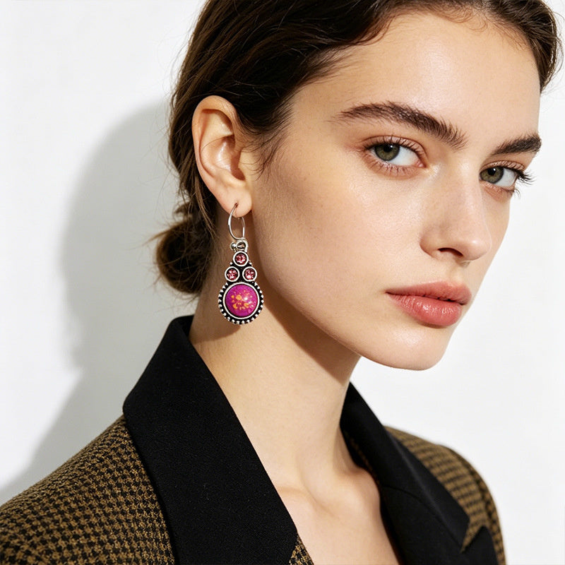 Rose purple gold-drip glaze earrings three small diamonds paired with a round main stone, versatile for everyday outings