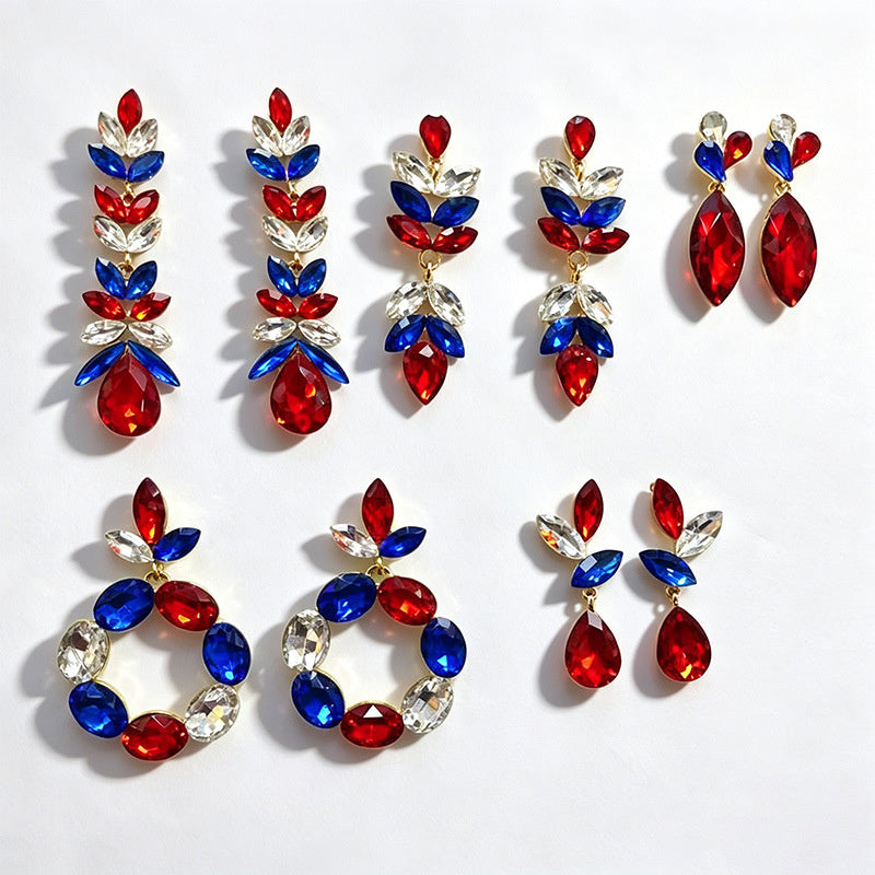 Red, blue, and white three-color crystal long water drop earrings, stage performance dress accessories, stylish ear jewelry