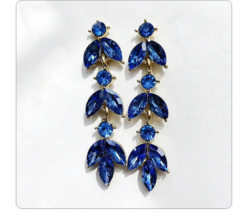Leaf-shaped colorful diamond long earrings marquise-shaped rhinestones, suitable for pairing with dresses, creating a light and luxurious atmosphere