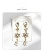 Crystal pearl with three-dimensional snowflake design and diamond inlay, Slimming long earrings