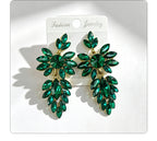 Colorful leaf rhinestone diamond-studded elegant long drop earrings, Hong Kong style party accessories