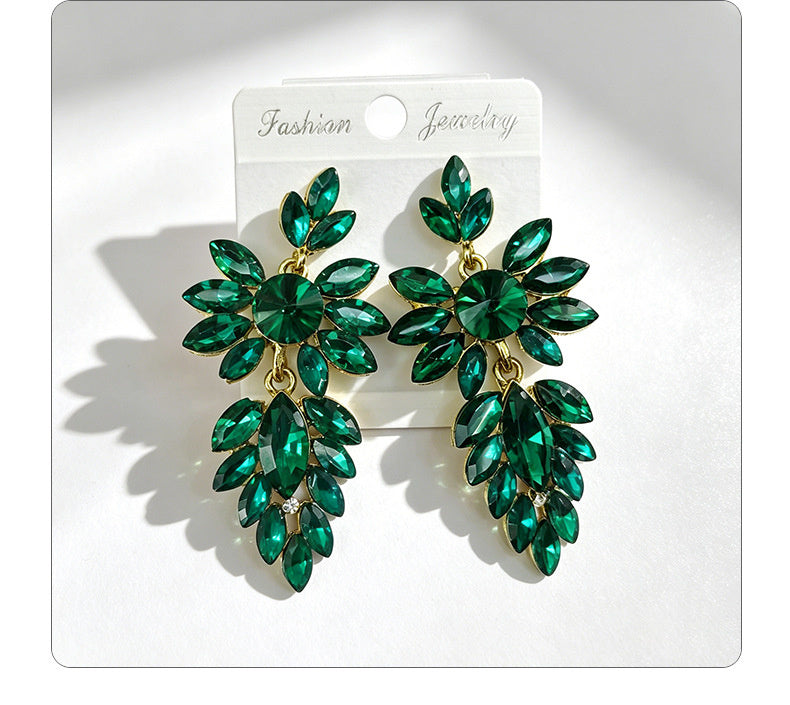 Colorful leaf rhinestone diamond-studded elegant long drop earrings, Hong Kong style party accessories