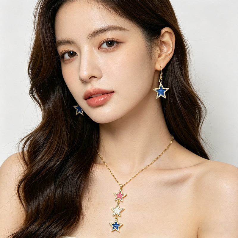 Star-shaped alloy jewelry set with colored diamond inlays oil-drip color scheme, women's necklace and earrings