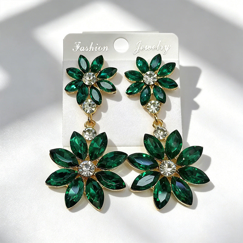Light luxury style double-layer rhinestone flower for women, high-end versatile commuter earrings