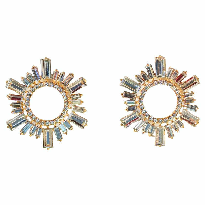 Alloy diamond-encrusted sparkling colorful diamond sunflower stage earrings, geometric circle evening earrings