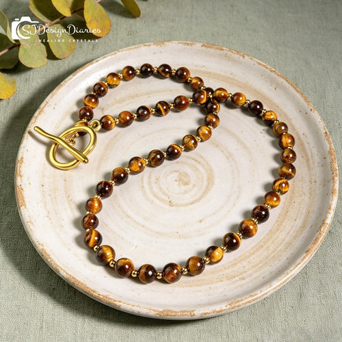 Boho Tiger's Eye Beaded Toggle Necklace| Gold Accents, Courage Protection Healing Crystal Statement Jewelry Gift for Her