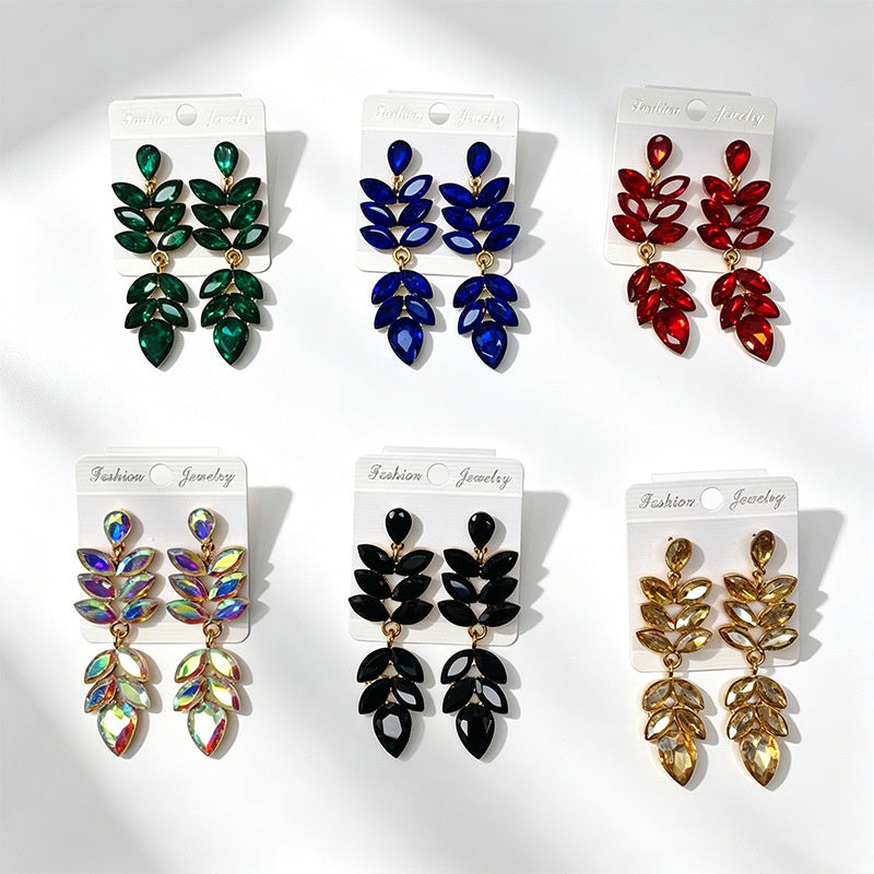 Multi-color crystal wheat ear long water drop earrings, stage performance dress accessories, earrings