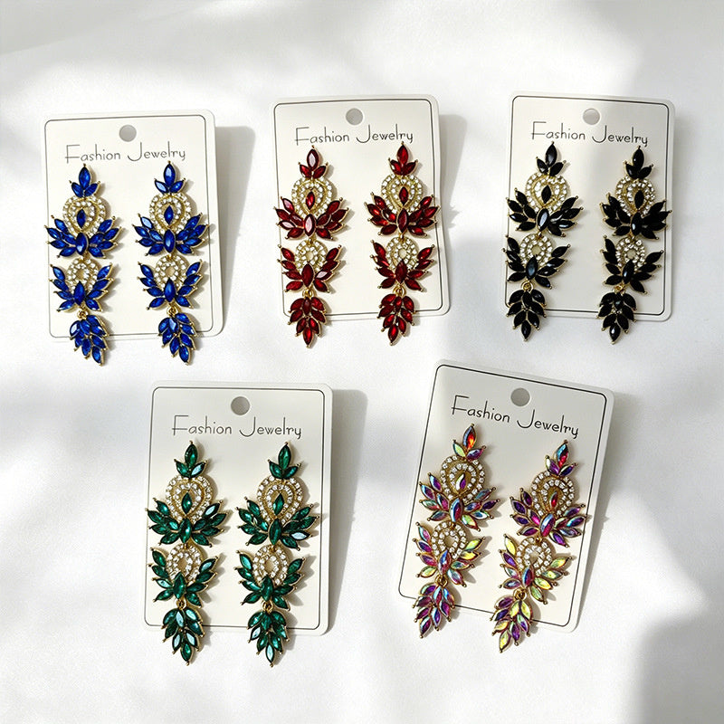 Colorful diamond wheat ear long earrings, niche light luxury design, stylish and versatile earrings