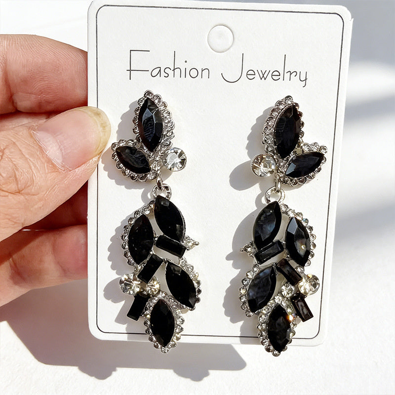 Leaf and Branch Rhinestone Long Luxurious Exquisite Stud Earrings, High-End Slim Party Earrings