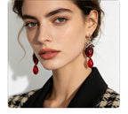 Punk-style simulated heart with distressed silver edges red crystal pendants, unique and trendy street style earrings